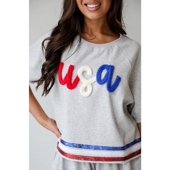 NWT USA Heather Grey Sequin‎ Top size large - Picture 2 of 8